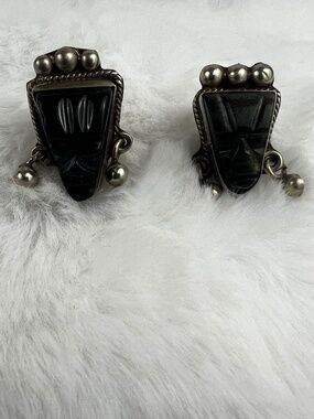 Taxco Vintage 925 Aztec Tribal Onyx Screw Back Earrings